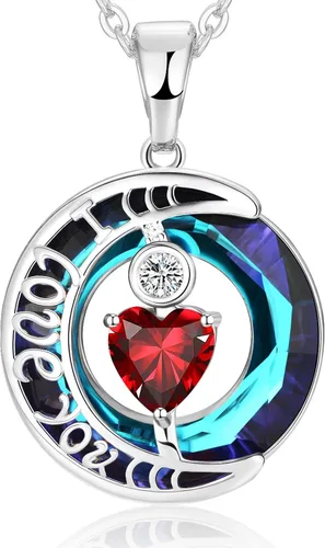 Miniatura 14 de Collares de cristal para mujer, regalos para aniversario de esposa, regalos de cumpleaños para mujeres, collar de zafiro azul con la frase "I Love