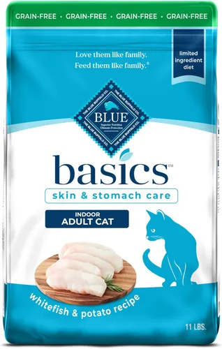 Blue Buffalo Basics - Alimento seco para gatos sin granos, cuidado de la piel y el estómago, dieta de ingredientes limitados para gatos de interior,