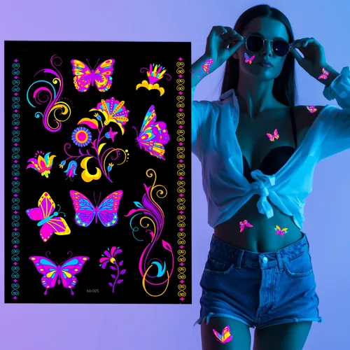 20 hojas de tatuajes temporales de brillo reactivo UV, neón UV luz negra reactiva lindos tatuajes adhesivos, flores impermeables suministros de
