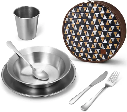 Odoland Juego de utensilios de cocina de acero inoxidable para acampar para familia y persona, cubiertos de vajilla de cocina con platos, tazones,