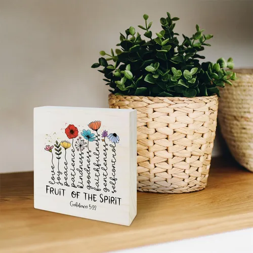 Miniatura 3 de Bloque de madera con texto inspirador, Fruta del Espíritu, flores de acuarela, decoración moderna de mesa de granja para el hogar, oficina, cocina