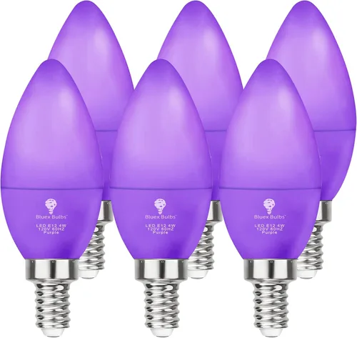 Paquete de 6 focos LED BlueX de color morado, 4 W (equivalente a 40 W), base E12, focos LED morados, para decoración de fiestas, porche, iluminación