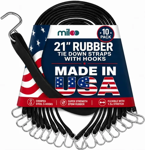 Miniatura 16 de Miloo Cuerdas elásticas de goma con ganchos, lona resistente y correas de carga, fabricadas en Estados Unidos, paquete de 10 unidades de 10 pulgadas