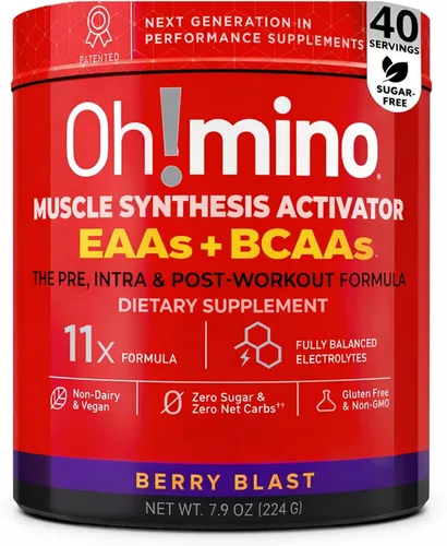 Oh!mino Suplemento de aminoácidos esenciales en polvo, explosión de bayas, polvo con cafeína, los 9 EAA, BCAA y el amino perfecto para