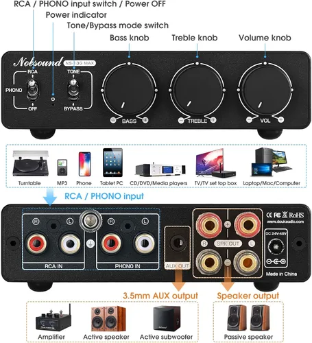 Miniatura 7 de Nobsound 300Wx2 Amplificador estéreo con entrada de fono - Mini amplificador de potencia HiFi Clase D para teatro en casa, tocadiscos, monitor