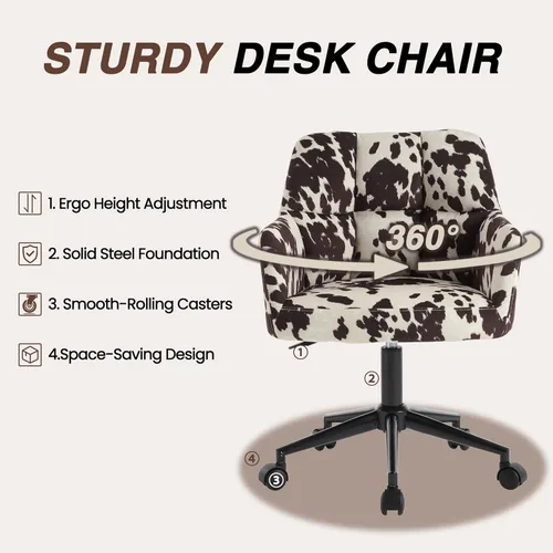 Miniatura 6 de Silla de escritorio moderna giratoria para oficina en casa con ruedas, terciopelo estampado de vaca, altura ajustable, cómoda, ergonómica, tapizada