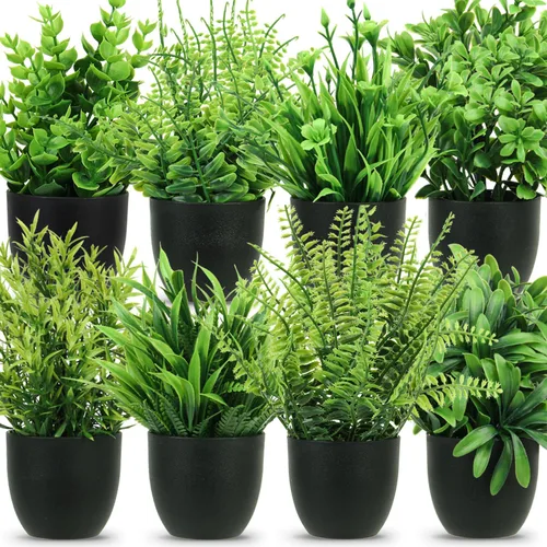 Miniatura 8 de LELEE Plantas artificiales en maceta, 12 piezas pequeñas de eucalipto en maceta de hierba sintética con maceta negra para decoración del hogar