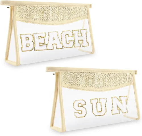 Miniatura 8 de Iqimott 2 bolsas de maquillaje con parches transparentes, bolsa de letras boho para nadar en la playa, bolsas de maquillaje impermeables