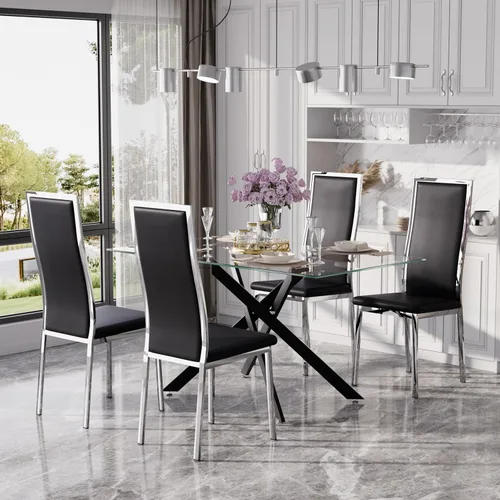 Miniatura 42 de Juego de mesa de comedor de cristal dorado moderno de 63 pulgadas para 6, juego de mesa de cocina rectangular de 7 piezas con patas de acero Negro