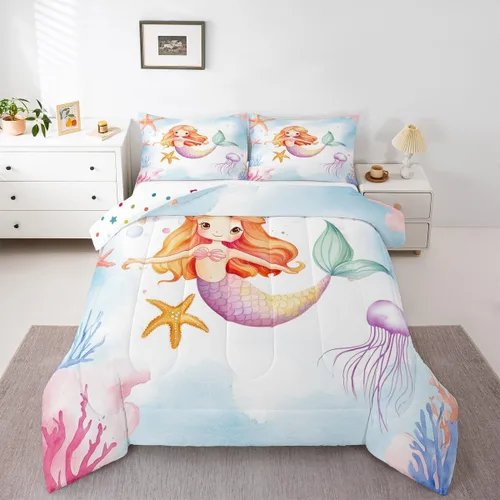 Miniatura 30 de Erosebridal Juego de edredón de sirena para niños, tamaño matrimonial, para niñas, ropa de cama de sirena brillante azul y rosa, juego de ropa