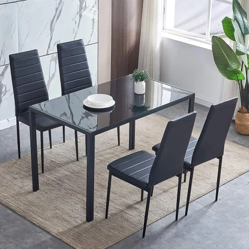 Miniatura 7 de Juego de 4 mesas de comedor y sillas negras modernas de 5 piezas para cocina pequeña, mesa rectangular de vidrio templado y 4 sillas de piel