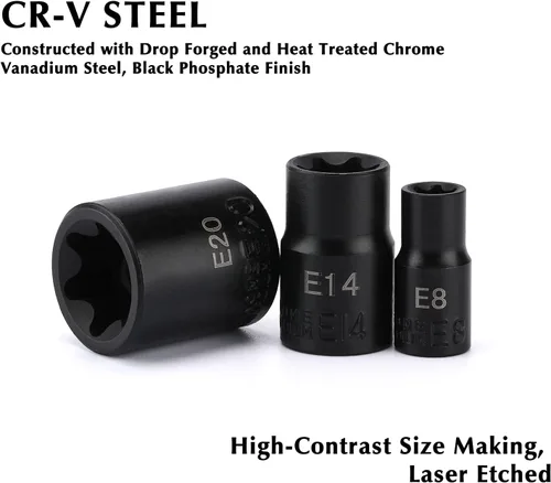 Miniatura 3 de EMENTOL Juego de llaves de vaso E-Torx con riel, CR-V, 1/4" y 3/8" Drive, hembra Torx Star Socket Set, E4 - E20