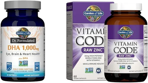 Garden of Life Aceite de pescado DHA de 1000 mg + 30 mg de suplementos de zinc para la salud de los ojos, el cerebro, el corazón, el sistema