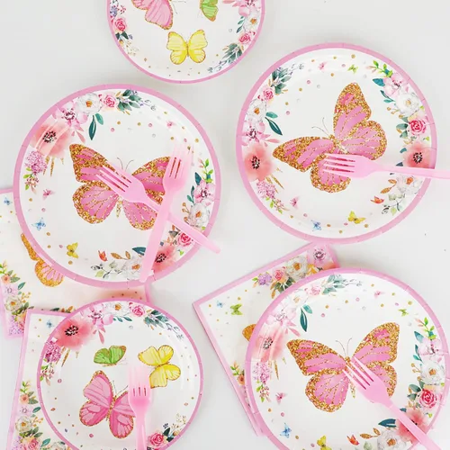 Miniatura 5 de Juego de vajilla de fiesta de mariposa para 24 invitados, diseño floral de mariposa, primavera, fiesta de cumpleaños, platos de papel, servilletas