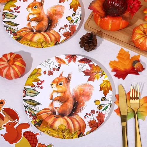 Miniatura 3 de Whaline 40 platos de papel de otoño de 9 pulgadas, platos desechables de calabaza naranja, ardilla, cosecha de otoño para Acción de Gracias, fiesta