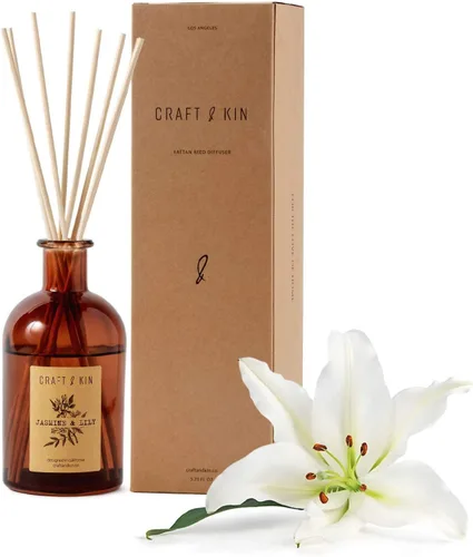 Craft & Kin Difusor de caña con aroma a lirio y jazmín | Aceite esencial totalmente natural & 8 varillas de fragancia de ratán | Difusores de caña