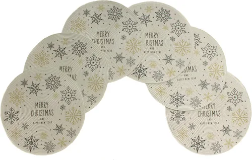 Miniatura 6 de Juego de 6 manteles individuales trenzados tejidos con estampado navideño de 15 pulgadas redondos, antideslizantes para mesa de comedor y cocina