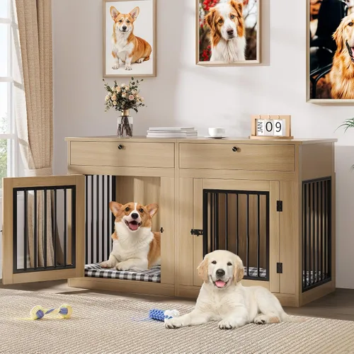 Miniatura 11 de DWVO Muebles de jaula doble de 60 pulgadas para 2 perros, soporte de TV de jaula de perro de madera resistente con divisor removible y cajones