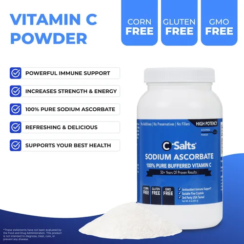 Miniatura 6 de C-Salts Polvo de vitamina C de ascorbato de sodio puro, bebida en polvo tamponada no ácida sin azúcar para hidratación y apoyo inmunológico