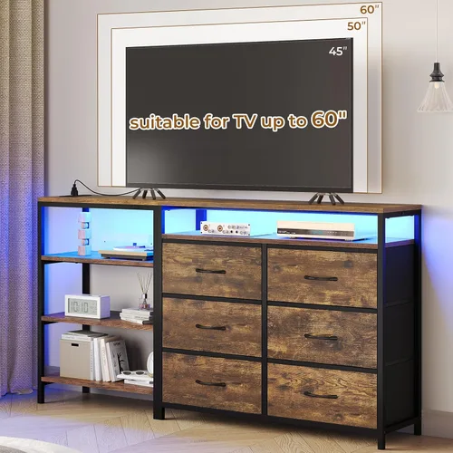 BTHFST Soporte de TV para dormitorio con estación de carga y luces LED, centro de entretenimiento para TV de 60 pulgadas con 6 cajones de tela,