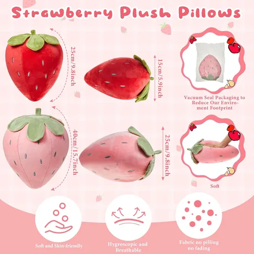 Miniatura 2 de Juexica 2 piezas de almohada de fresa de 15.7 pulgadas 9.8 pulgadas, almohada de felpa de fruta, suave decoración de dormitorio de fresa kawaii