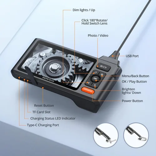 Miniatura 9 de Herramienta de boroscopio de triple lente, cámara endoscopio DEPSTECH con pantalla IPS de 5 pulgadas y luces, cámara de inspección de alcantarillado