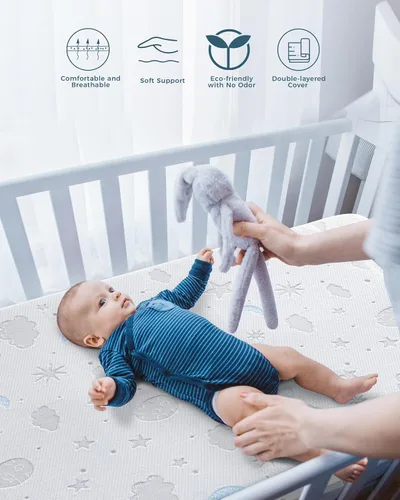 Miniatura 5 de Colchón Pack and Play de 38 x 26 pulgadas, de espuma viscoelástica de felpa suave y transpirable para bebés y niños pequeños, incluye funda