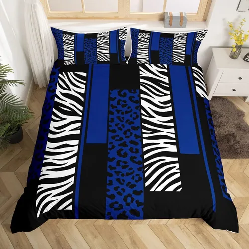 Miniatura 14 de Juego de ropa de cama con estampado de cebra de leopardo, tamaño Queen, para niños, color verde azulado, blanco, negro, juego de funda de edredón