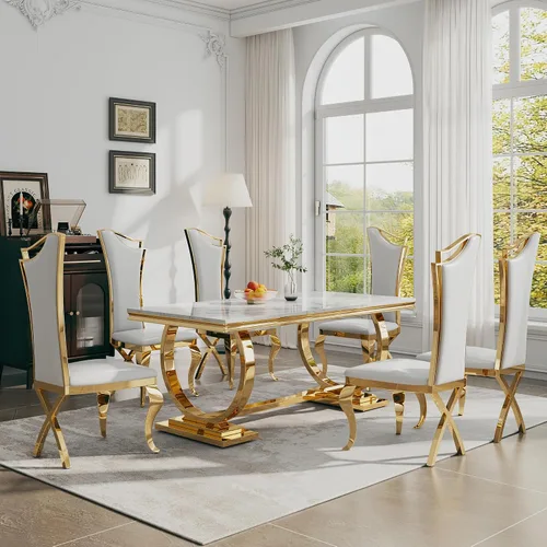 Miniatura 9 de Juego de mesa de comedor de 7 piezas, mesa de cocina de lujo de mármol sintético blanco de 70 pulgadas y 6 sillas copetudas de terciopelo beige