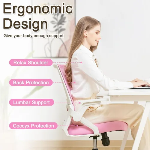 Miniatura 3 de Silla ergonómica de oficina con altura ajustable de malla, silla giratoria con brazos abatibles y soporte lumbar, color rosa