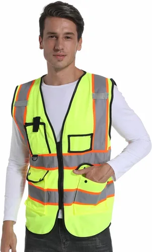 Miniatura 6 de Chaleco Reflectante Clase 2 de Seguridad ANSI con Bolsillos y Cremallera de Alta Visibilidad Uniforme de Construcción D-amarillo-1pack-personalizado