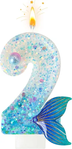 Miniatura 11 de Vela de sirena número 3, decoración de pastel de cola de sirena azul para decoración de fiesta de cumpleaños y aniversario de niñas (número 3)