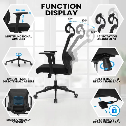 Miniatura 6 de Silla ergonómica de oficina de escritorio, silla de computadora de respaldo alto con reposabrazos giratorios 3D ajustables para mayor comodidad