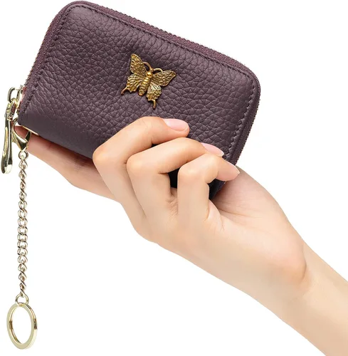 Miniatura 7 de imeetu Portatarjetas de crédito RFID para mujer, pequeña cartera de cuero con cremallera con llavero extraíble, púrpura café, S, Cartera