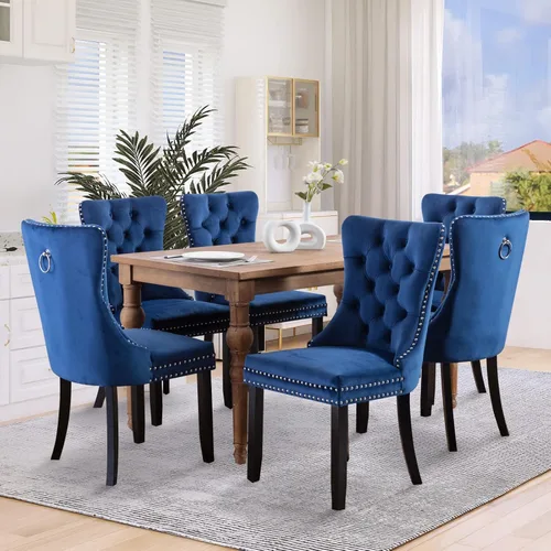 Miniatura 3 de SoarFlash Juego de 6 sillas de comedor de terciopelo, silla lateral de respaldo alto, silla lateral tapizada moderna de alta gama con capitoné y Azul