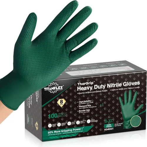 Miniatura 14 de TitanFlex Heavy Duty Industrial Nitrile Gloves with Raised Diamond Texture, 8-mil, Latex Free (Green/Dark Green/Yellow)