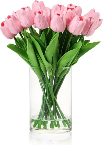 20 piezas de tulipanes de tacto real en jarrón, arreglos de tulipanes falsos con jarrón y agua falsa para decoración del hogar, mesa de comedor Rosa
