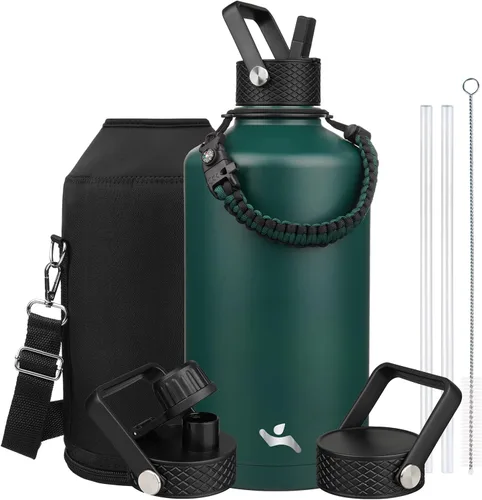 Miniatura 131 de Konokyo - Botella de agua aislada de 18 onzas, botellas deportivas de acero inoxidable con 3 tapas, verde militar