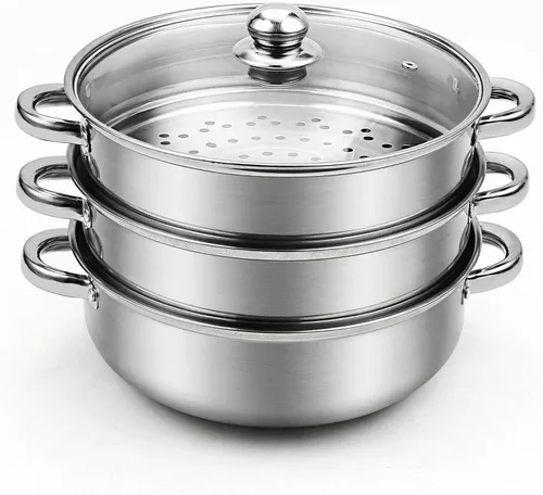 Miniatura 8 de AuFranc® olla de 4 cuartos de acero inoxidable 18/10 de tres capas con tapa de vidrio templado y vaporera, olla a vapor multiusos compatible