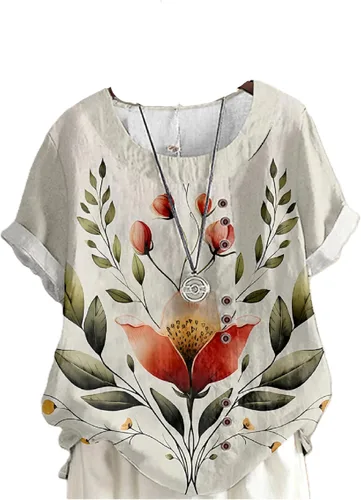 Miniatura 18 de domirica Camisetas de verano para mujer 2024 con estampado de flores, algodón, lino, manga corta, cuello redondo, camisas casuales de moda