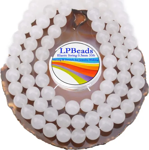 Miniatura 27 de LPBeads 100 piezas de cuentas sueltas de jade blanco natural pulido de 8 mm y redondo con cordón elástico para hacer joyas y pulseras Jade blanco
