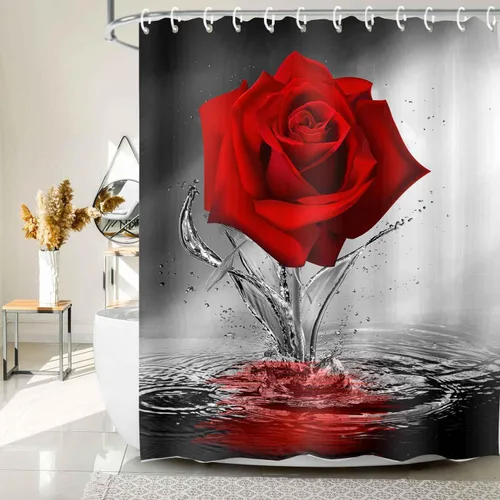 Miniatura 3 de JAWO Cortina de ducha con diseño de rosas, románticas flores y rosas rojas reflejadas en el agua, cortina de baño de tela, cortina de baño negra