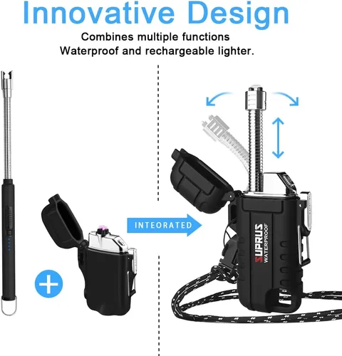 Miniatura 7 de SUPRUS Encendedor impermeable a prueba de viento Encendedor de arco Encendedor de plasma Encendedores recargables USB-C con cuello expandible y Negro
