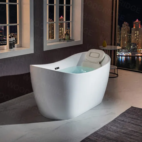 Miniatura 5 de WOODBRIDGE BTA1516 - Bañera de acrílico independiente de 59 pulgadas, moderna bañera blanca con desbordamiento y drenaje negro mate, almohada