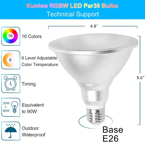 Miniatura 2 de Paquete de 2 bombillas de inundación PAR38 para exteriores de 30 W, LED que cambia de color a prueba de agua, equivalente a 100 W, temporizador
