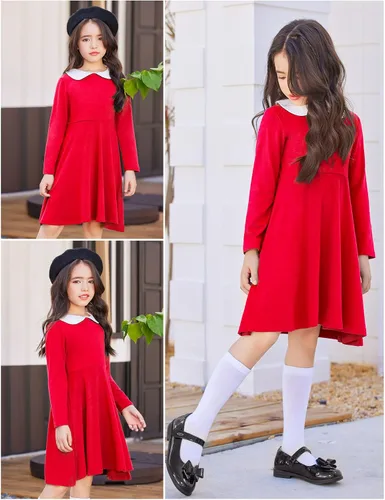 Miniatura 2 de Arshiner Vestido de manga larga para niñas, casual, vintage, con cuello de Peter Pan, vestido de fiesta con vuelo, de 3 a 14 años