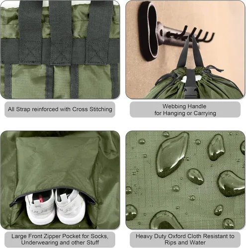 Miniatura 5 de BeeGreen Mochila de lavandería verde musgo para viaje, bolsa de lavandería con correas de hombro ajustables y cierre de cordón, XL bolsa