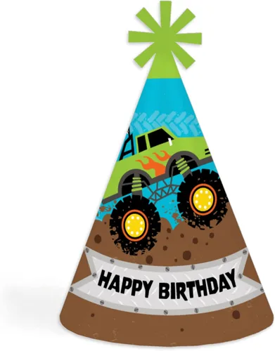 Big Dot of Happiness Smash and Crash - Monster Truck - Cone Happy Birthday Party Hats for Kids and Adults - Set of 8