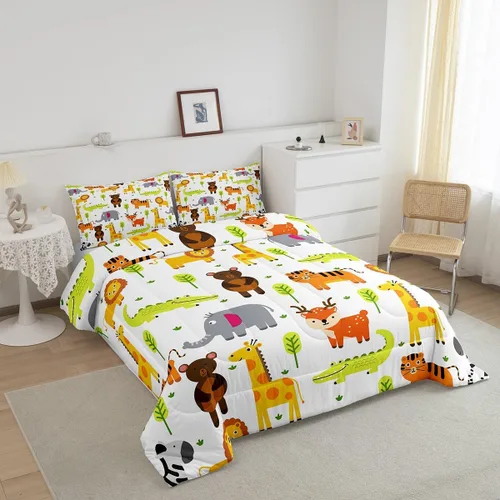 Miniatura 3 de Erosebridal Juego de ropa de cama individual de animales del zoológico para niños, lindo juego de edredón de animales salvajes de dibujos animados