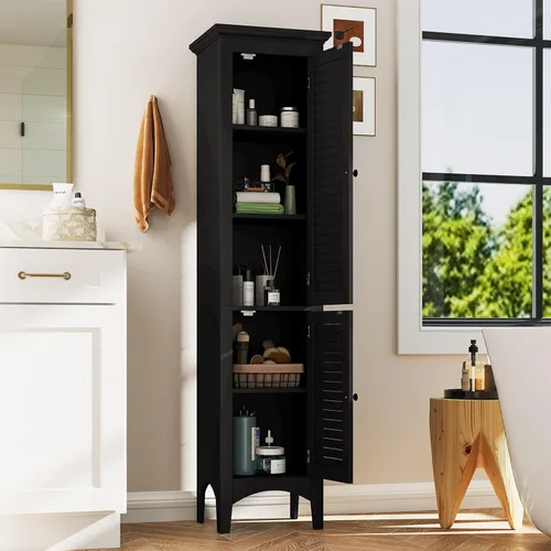 Miniatura 5 de Tangkula Armario de almacenamiento de baño de 63 pulgadas de alto, torre de lino estrecha independiente con estante ajustable, gabinete moderno